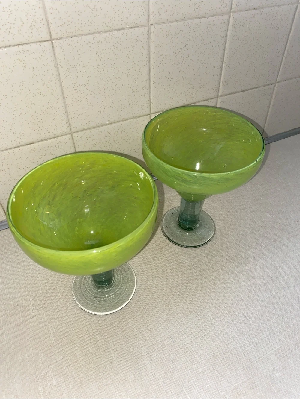 Chartreuse  Green  Mexican Bubble Glass Hand Blown Margarita Glasses set of 2